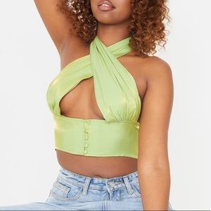 Satin Green Halter Wrap Crop Top